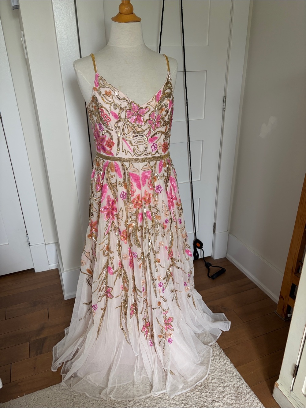 Mac Duggal Pink and Gold Embroidered Spaghetti-Strap Maxi Dress